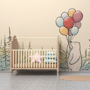 Bear and balloons mural wallpaper with natural wood furniture in toddler room