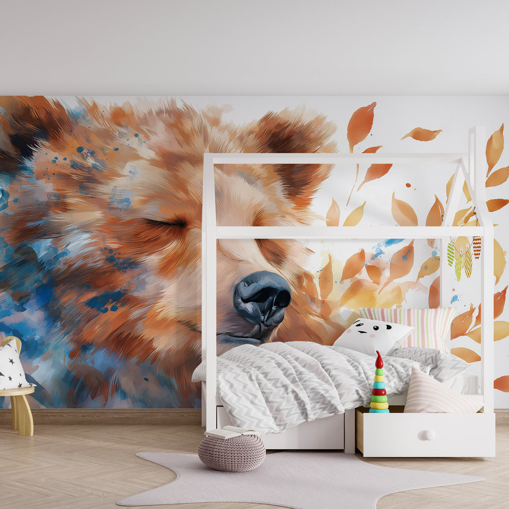 Gentle bear mural wallpaper in toddler room setting with playful accessories and natural textures