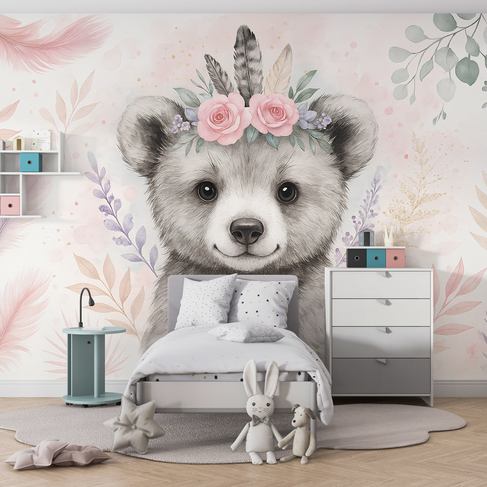 Floral crown bear mural wallpaper creating magical toddler room atmosphere by Kids-Mundo