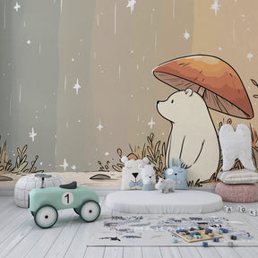 Woodland bear wallpaper transforming baby room with soft pastel forest theme