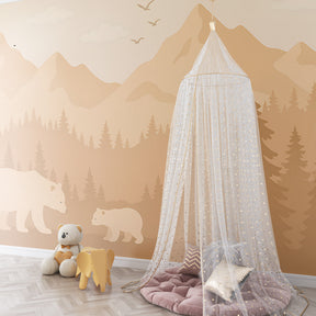 Peaceful forest bear wallpaper creating calming children's bedroom atmosphere