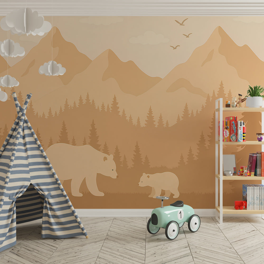 Wildlife themed mural wallpaper with bear family in warm beige tones for kids room