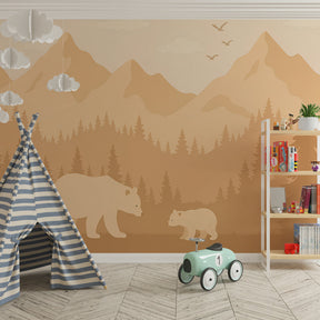 Wildlife themed mural wallpaper with bear family in warm beige tones for kids room