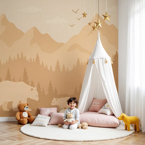 Bear nature mural wallpaper in cozy nursery with wooden furniture by Kids-Mundo
