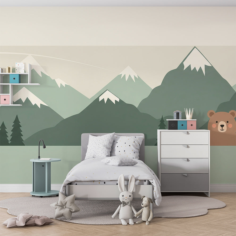 Kids-Mundo bear and pine mountain wall mural brightening a playful children's playroom feature wall