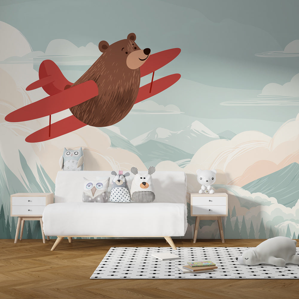 Mountain adventure bear pilot wallpaper transforming kids playroom into aviation wonderland