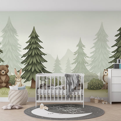 Kids-Mundo bear, rabbit and owl wall mural covering a kids bedroom wall in soft forest tones.