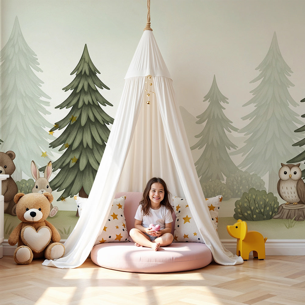 Kids-Mundo bear and rabbit forest wall mural styled in a cosy, muted green nursery.
