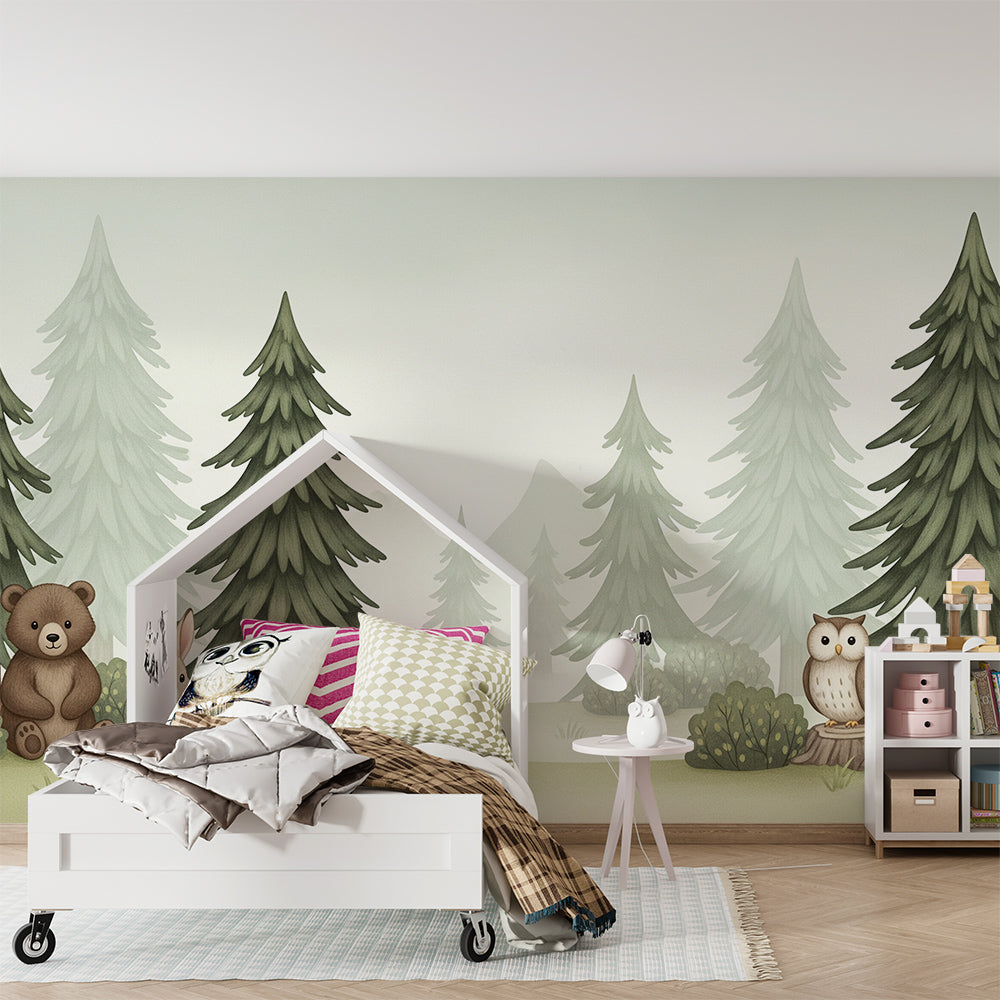 Kids-Mundo cosy forest wall mural with bear and rabbit brightening a children's playroom.
