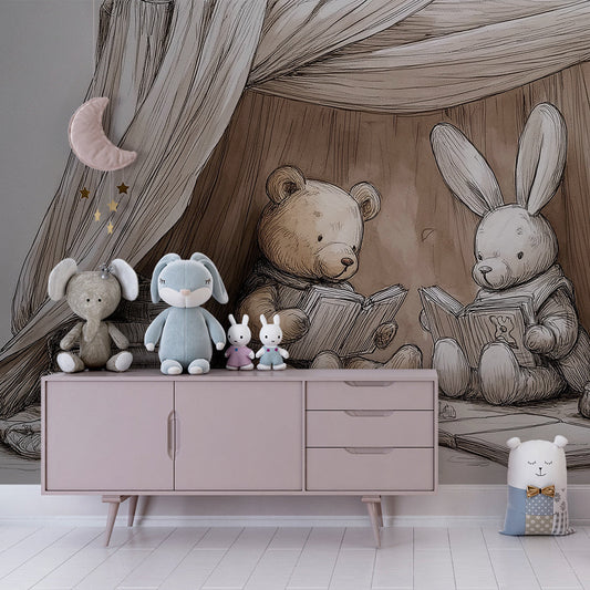 Kids-Mundo storybook blanket tent wall mural covering a wall in a kids bedroom