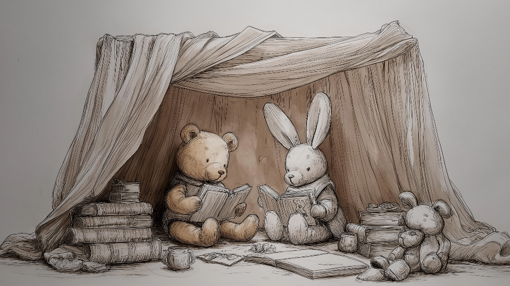Kids-Mundo flat artwork of a bear and rabbit reading inside a blanket tent wall mural design