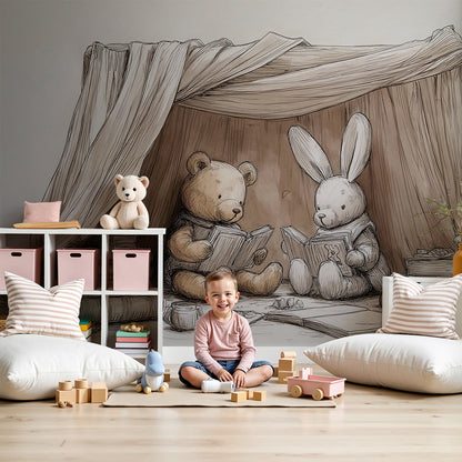 Kids-Mundo bear and rabbit reading wall mural made to measure in a cosy nursery reading corner