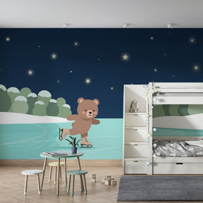 Winter wonderland bear wallpaper creating magical children's bedroom atmosphere