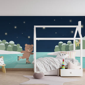 Skating bear mural wallpaper with starry night sky for children's room by Kids-Mundo