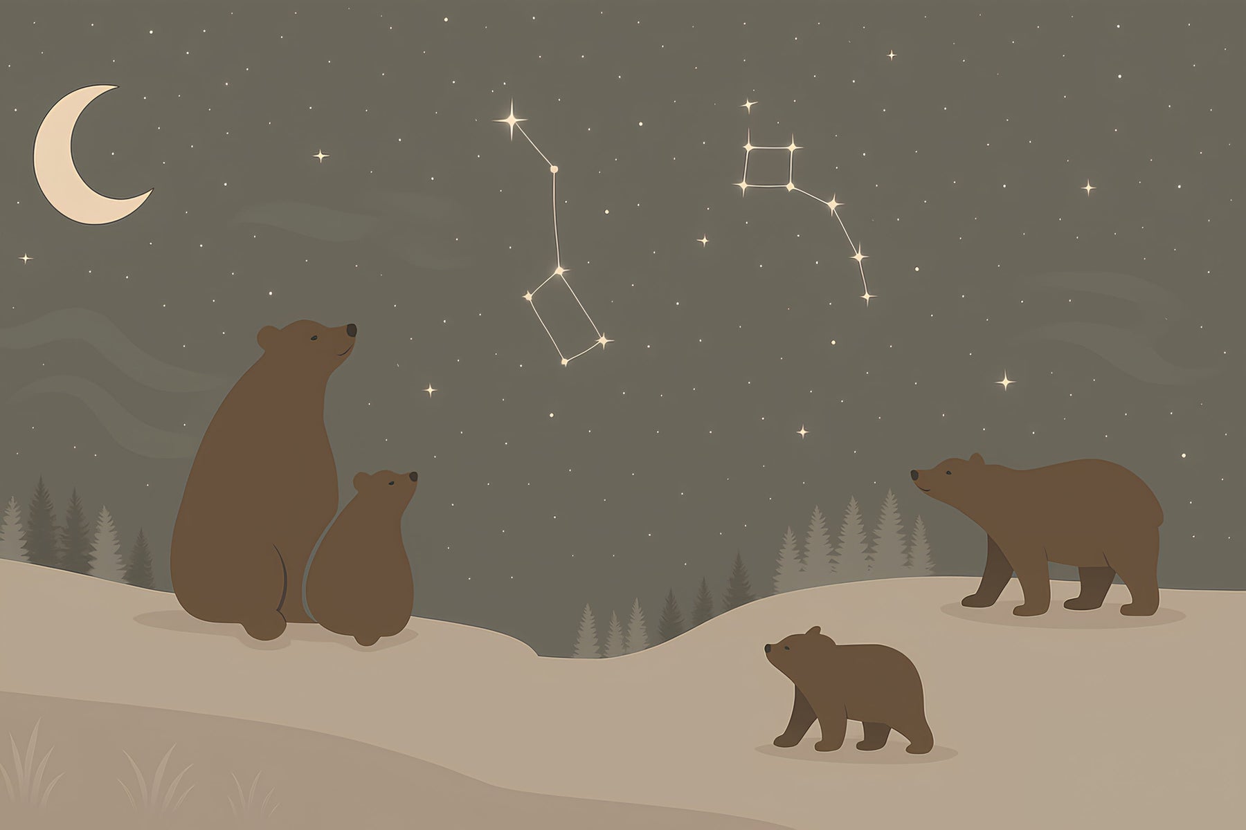 Detailed bear constellation mural wallpaper design pattern showing stars and woodland animals by Kids-Mundo