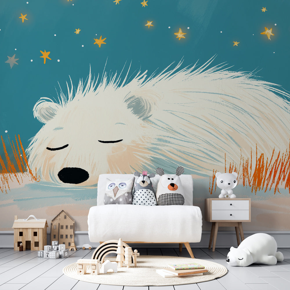 Bear under stars mural wallpaper complementing pastel nursery decor and accessories
