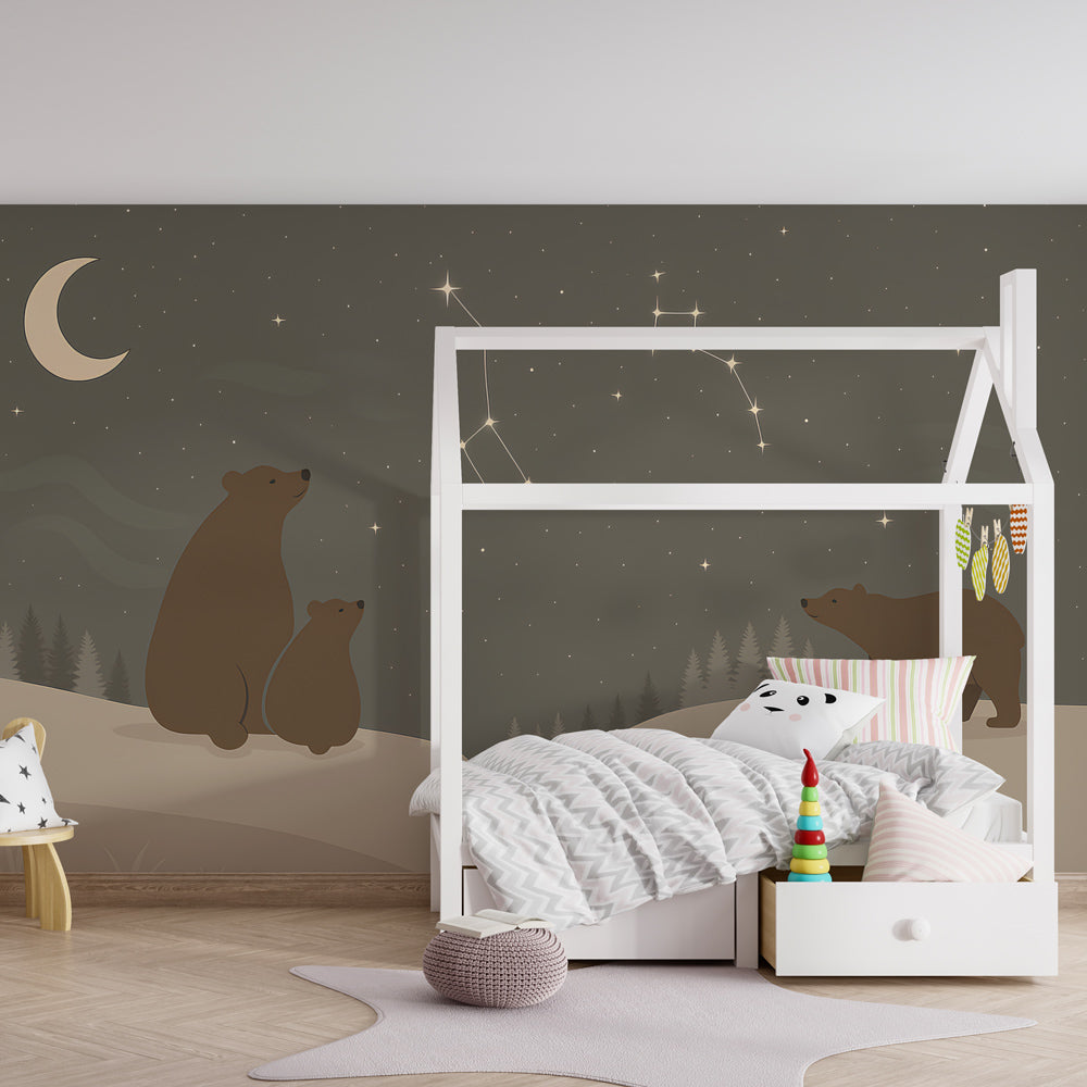 Constellation bear mural wallpaper transforming children's playroom into magical woodland scene
