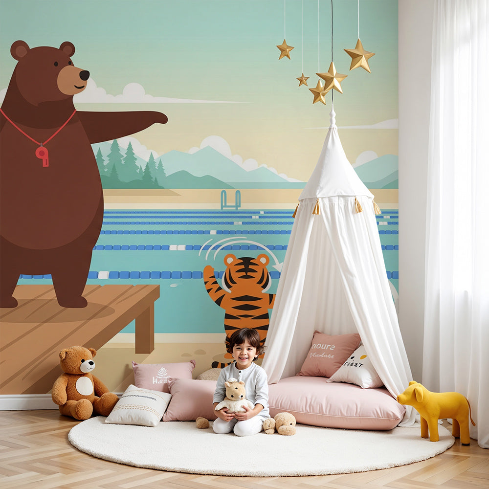 Kids-Mundo poolside bear and tiger wall mural covering a wall in a child's bedroom