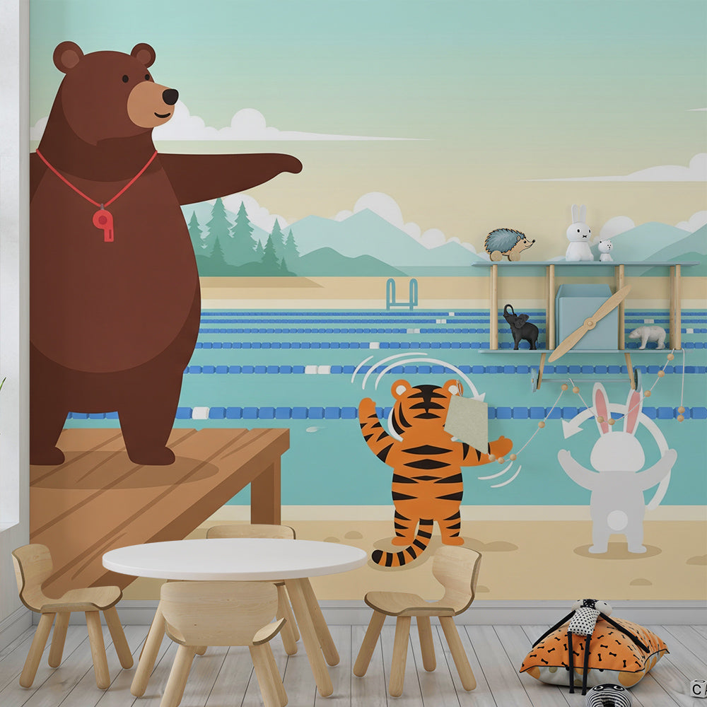 Kids-Mundo bear swim coach animal wall mural in a bright nursery with a cot against the wall