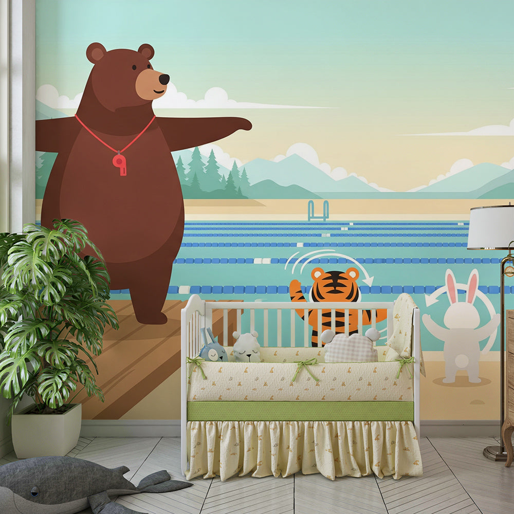 Kids-Mundo animal friends pool mural decorating a playroom wall beside toy storage