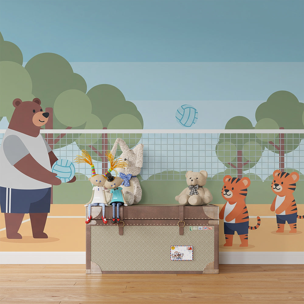 Kids-Mundo bear and tiger cubs volleyball wall mural styled on a kids bedroom feature wall