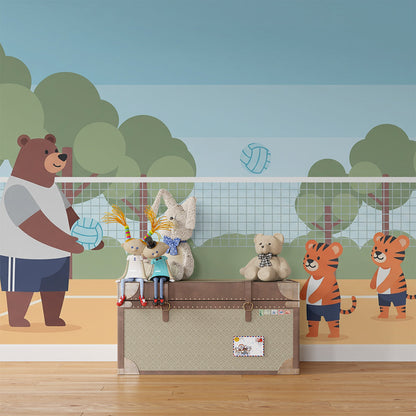 Kids-Mundo bear and tiger cubs volleyball wall mural styled on a kids bedroom feature wall