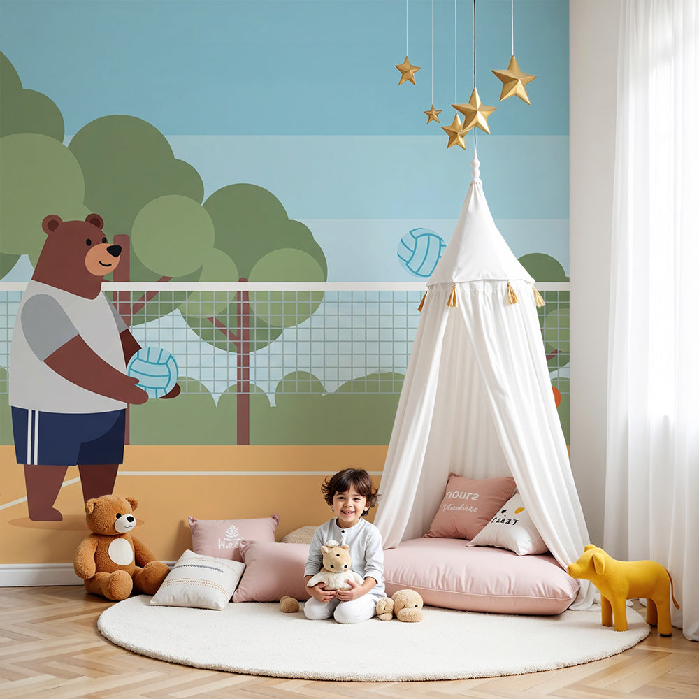 Kids-Mundo bear and tiger cubs volleyball wall mural shown behind a cot in a nursery