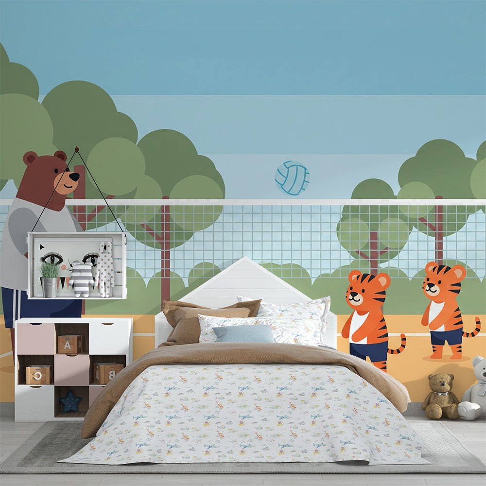 Kids-Mundo bear and tiger cubs volleyball wall mural covering a full wall in a playroom