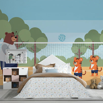 Kids-Mundo bear and tiger cubs volleyball wall mural covering a full wall in a playroom