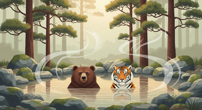 Flat artwork preview of the Kids-Mundo bear and tiger forest hot spring wall mural design