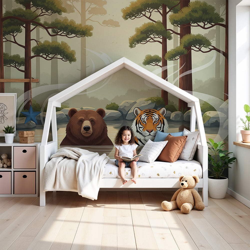 Kids-Mundo bear and tiger forest hot spring wall mural in a soft neutral nursery