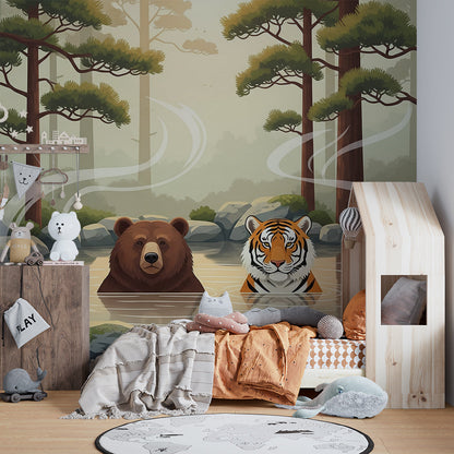 Kids-Mundo bear and tiger mural on a playroom wall with a reading corner nearby