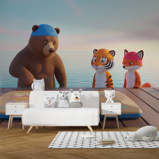 Kids-Mundo seaside animal wall mural covering a feature wall in a calm kids bedroom.