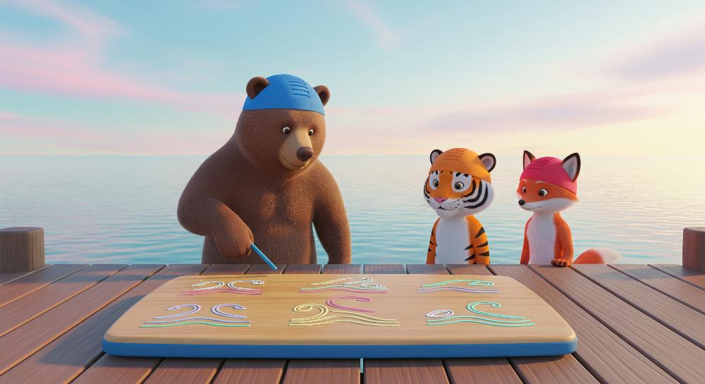 Kids-Mundo flat artwork preview of the bear, tiger and fox seaside painting mural design.