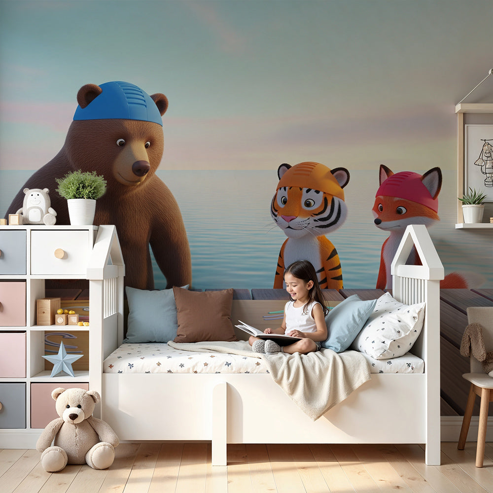 Kids-Mundo bear, tiger and fox seaside wall mural styled above a cot in a soft nursery.