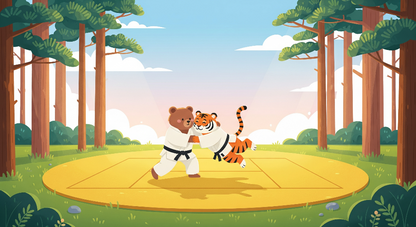Kids-Mundo flat artwork of a bear and tiger in a playful karate match on a yellow mat