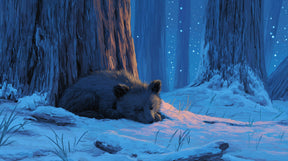 Detailed winter bear forest mural wallpaper design pattern showing peaceful snow scene by Kids-Mundo