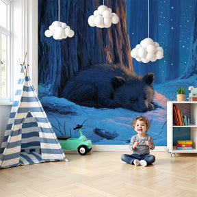 Bear winter mural wallpaper in peaceful nursery setting with natural wood furniture by Kids-Mundo