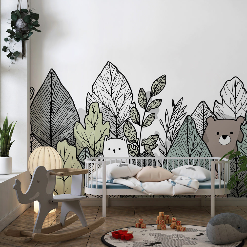 Colorful bears wallpaper with green pink foliage transforming toddler room into woodland retreat