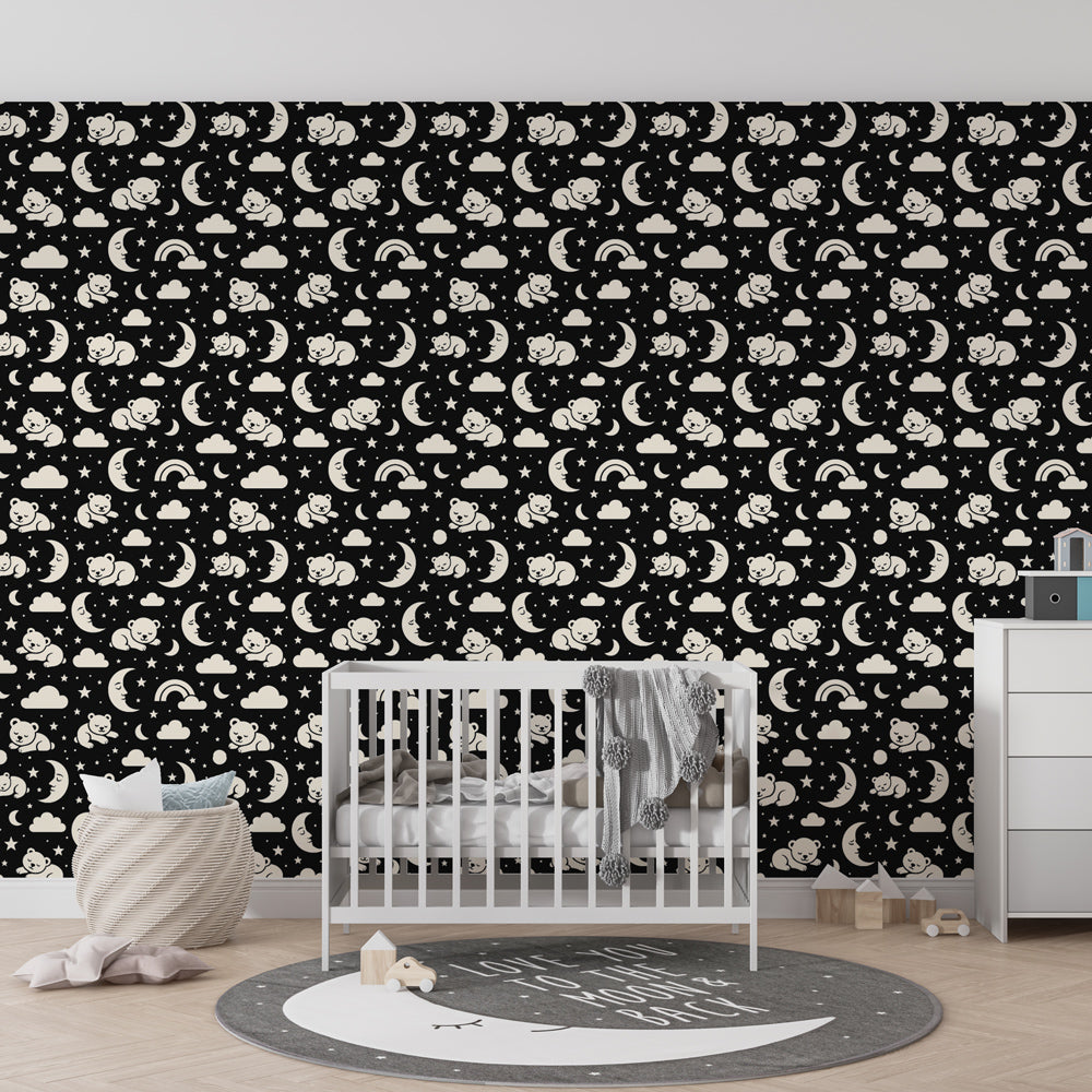Whimsical bears and starry sky mural wallpaper transforming children's playroom space