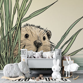 Nature-themed beaver wallpaper creating educational wildlife corner in children's playroom