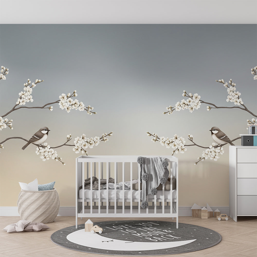 Kids-Mundo blossom branch bird wall mural behind a bed in a warm, neutral kids bedroom.