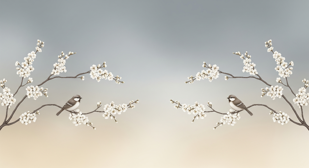 Soft Beige Blossom Branch and Bird Wall Mural