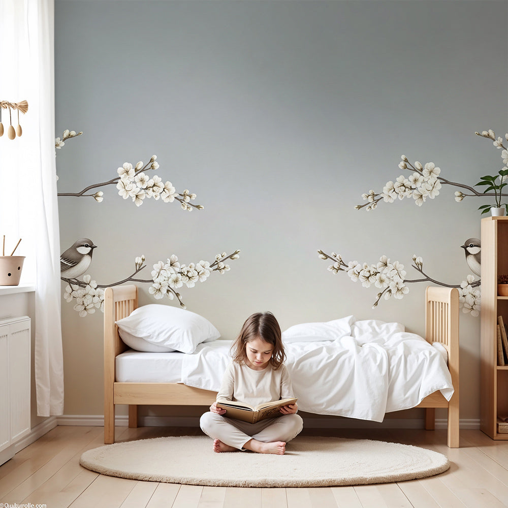 Kids-Mundo beige blossom branch wall mural with perched songbirds in a soft, calm nursery.