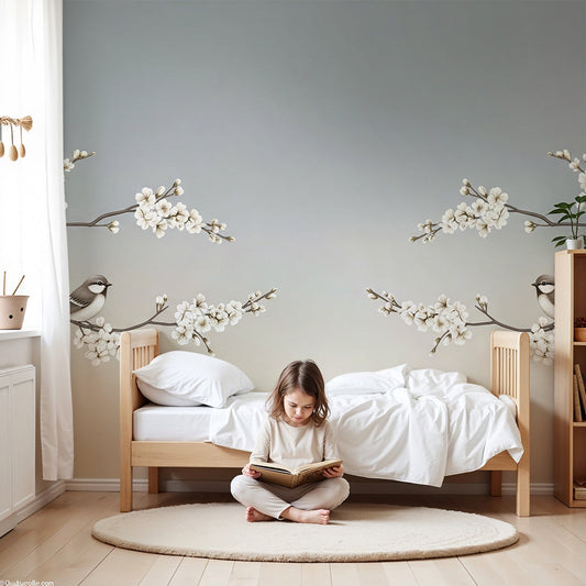 Kids-Mundo beige blossom branch wall mural with perched songbirds in a soft, calm nursery.