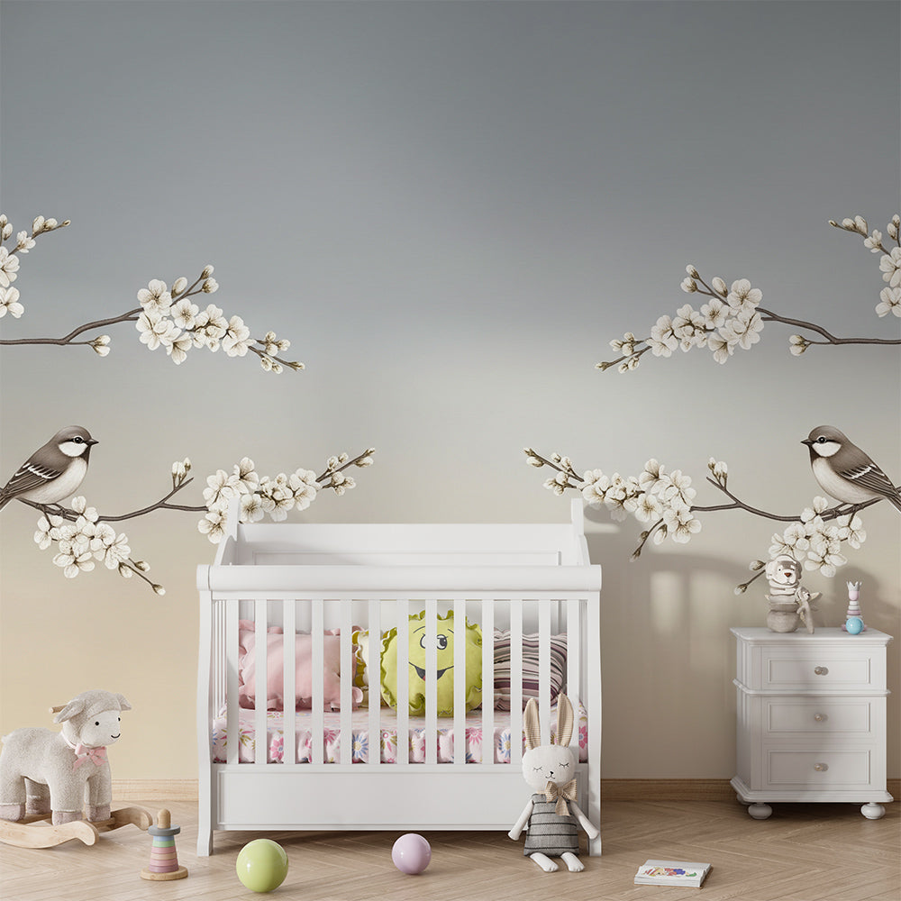 Kids-Mundo mirrored blossom branch mural brightening a bright, calm children's playroom wall.