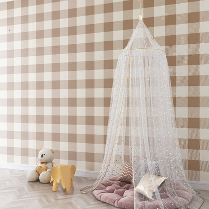 Kids-Mundo gingham check wallpaper mural covering a wall in a cosy kids bedroom