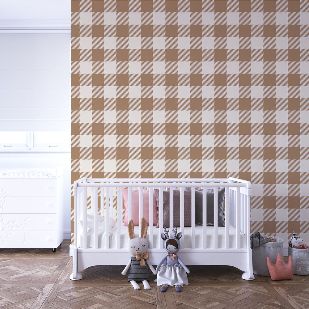 Kids-Mundo cream gingham wall mural fitted along a calm children's playroom wall