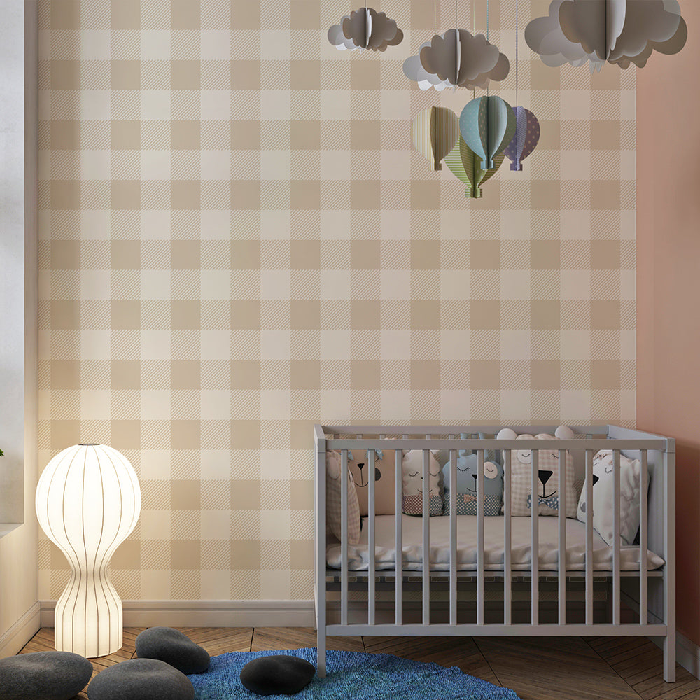 Kids-Mundo beige gingham wallpaper mural covering a feature wall in a warm kids bedroom