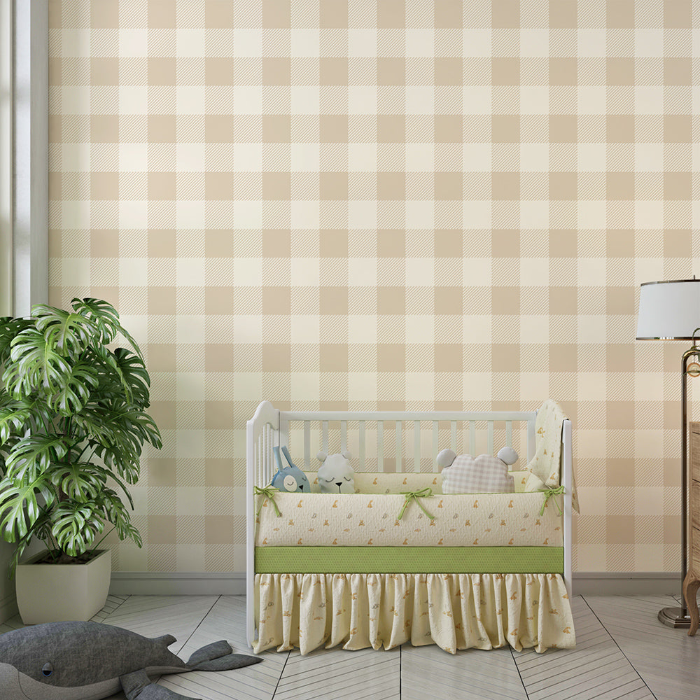 Kids-Mundo beige check wall mural softening a bright, neutral playroom wall